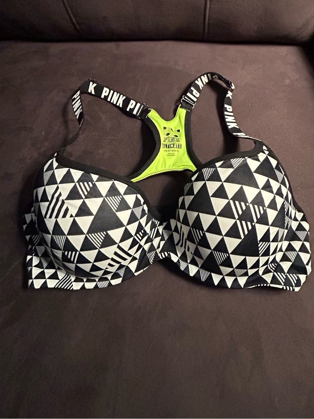 PINK Victoria's Secret Black & White Geo Racerback Sports Bra with Lime Accent